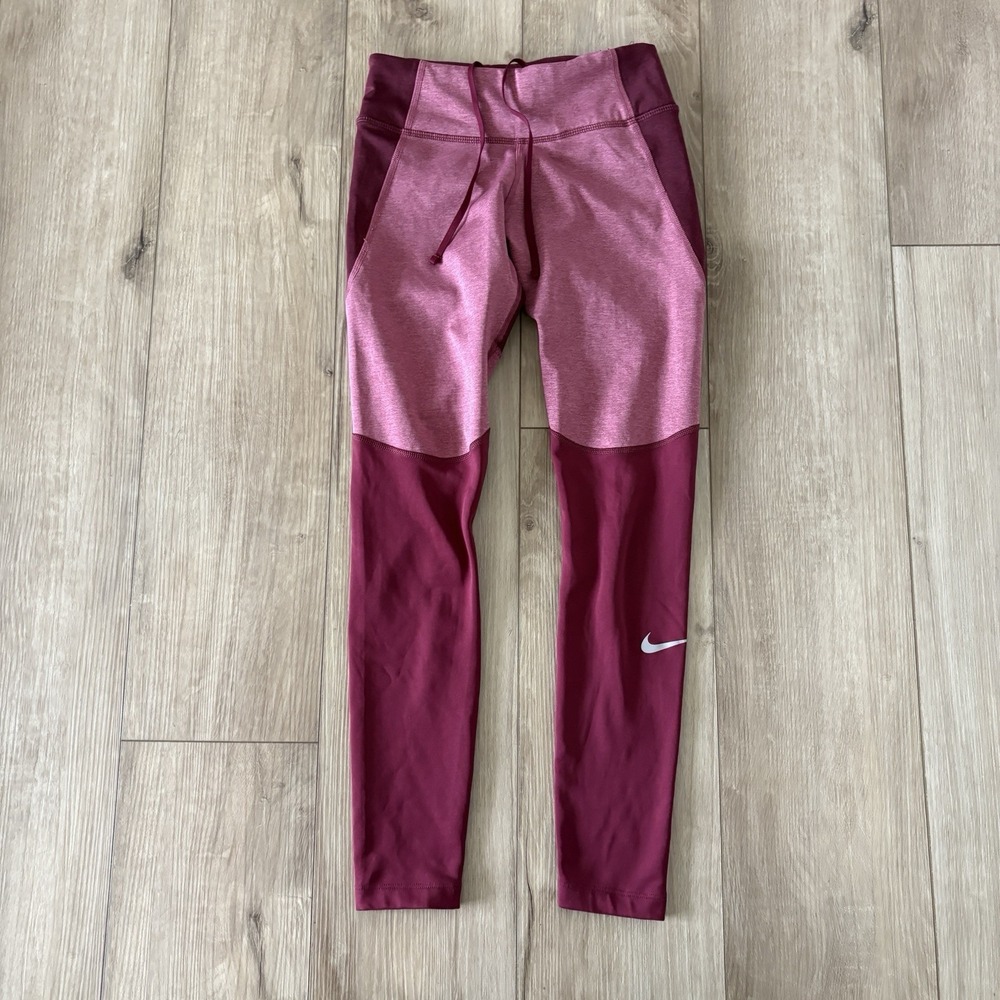 Nike Dri-FIT Running Leggings Women's XS Burgundy Colorblock Ankle Zipper Pocket